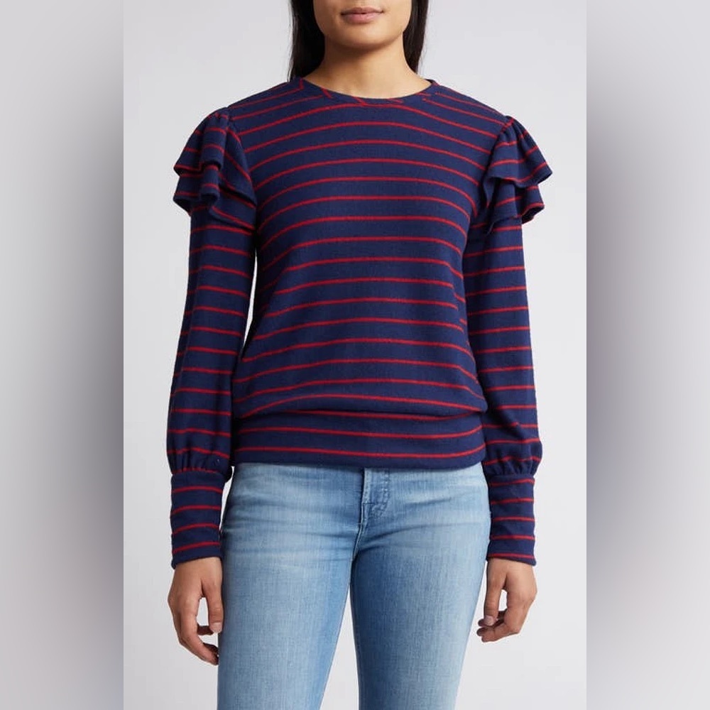 Caslon(r) Stripe Double-Layer Ruffle Shoulder Sweatshirt Top Bailey at Nordstrom - Picture 3 of 7